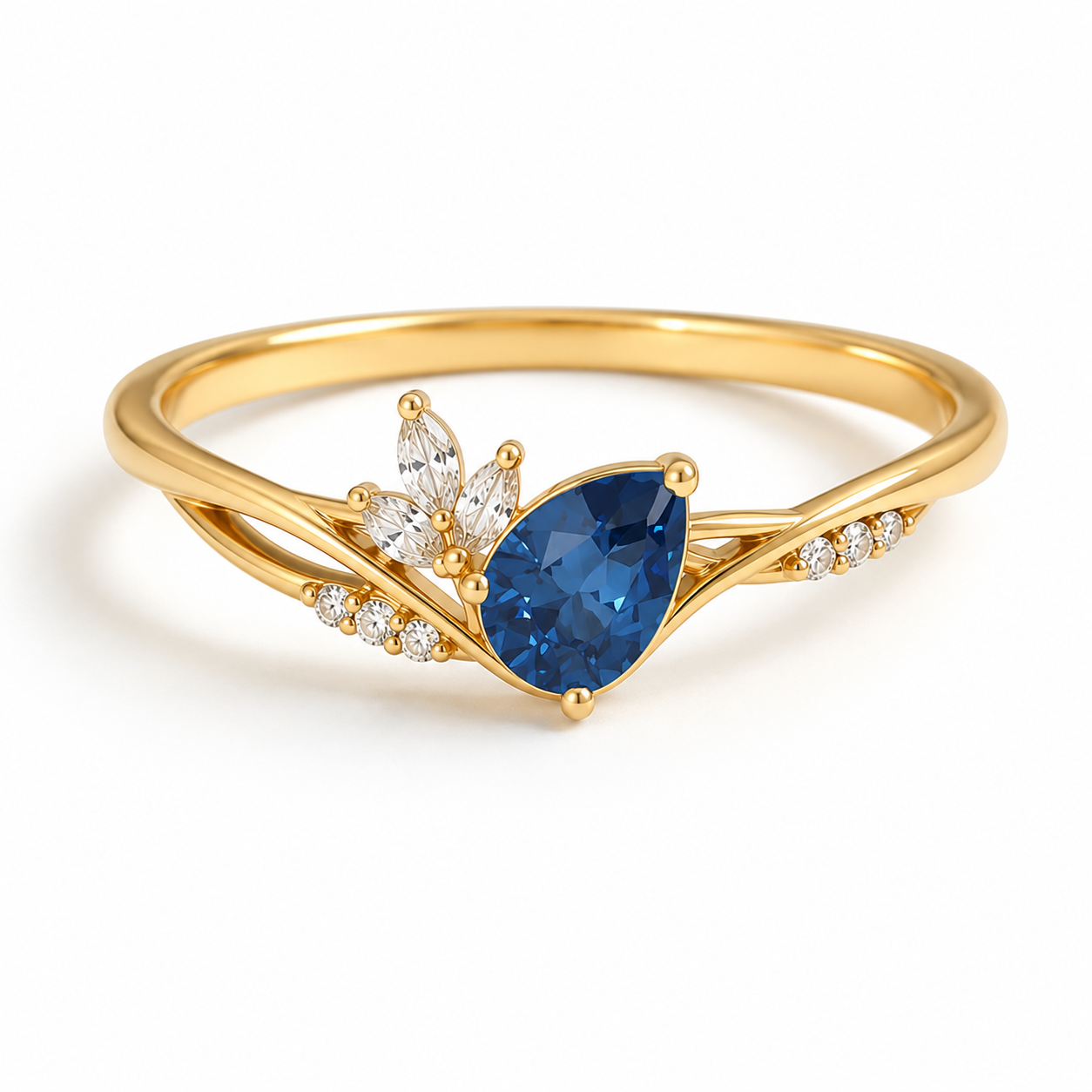 Pear Cut Birthstone Ring with Leaf Cluster Accents