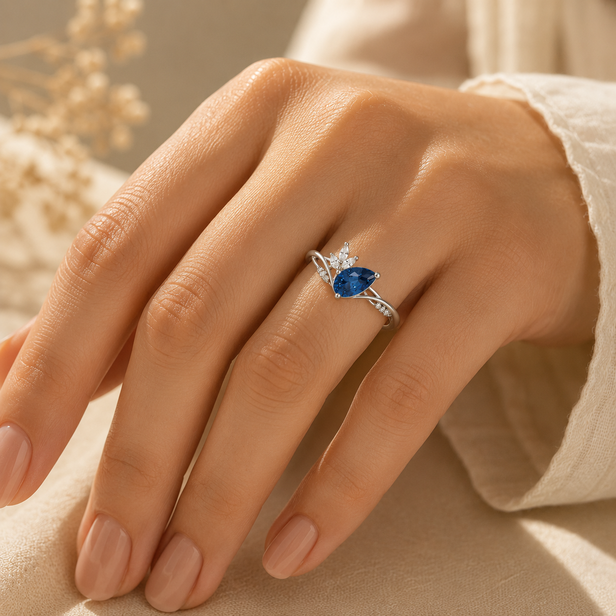 Pear Cut Birthstone Ring with Leaf Cluster Accents