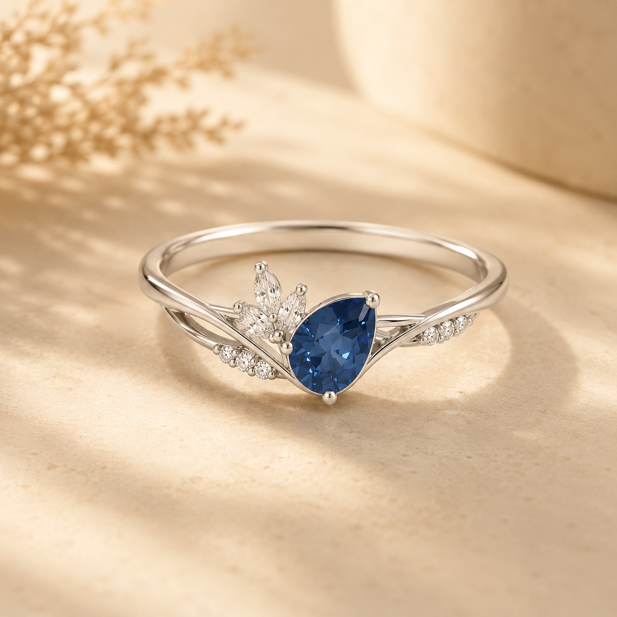 Pear Cut Birthstone Ring with Leaf Cluster Accents