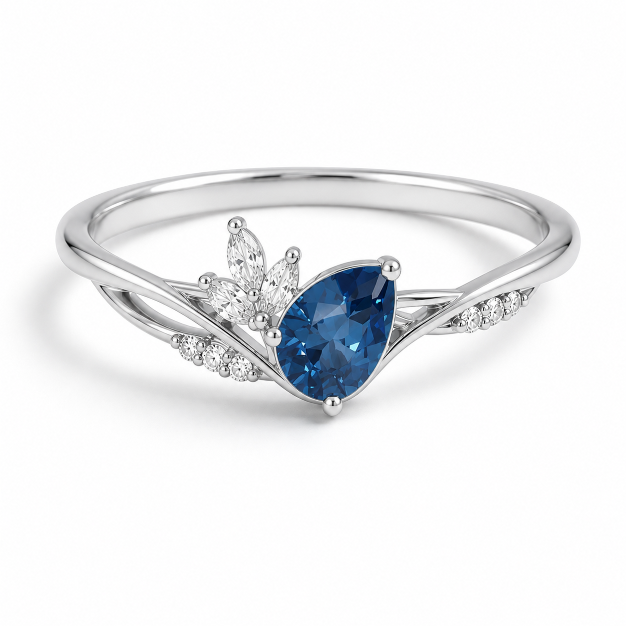 Pear Cut Birthstone Ring with Leaf Cluster Accents