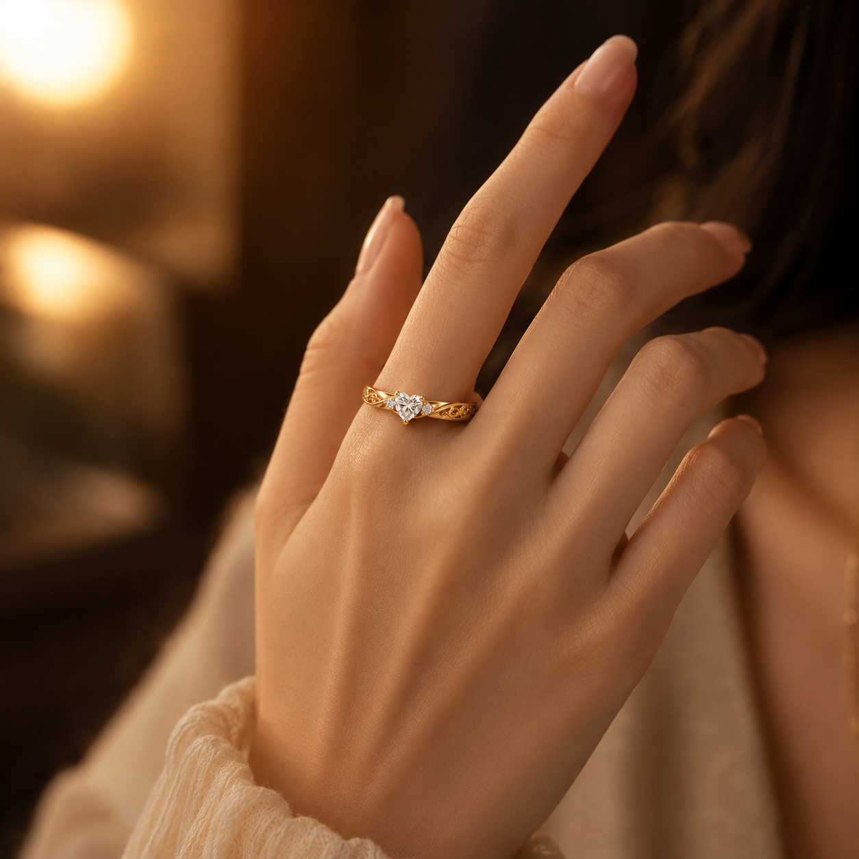 Vine Band Heart Stone Ring